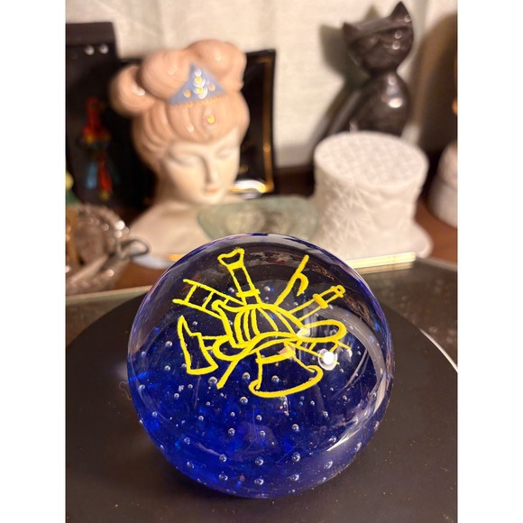 Millville Art Glass Other - Millville Art Glass Firefighter Paperweight Cobalt Blue Controlled Bubble Yellow